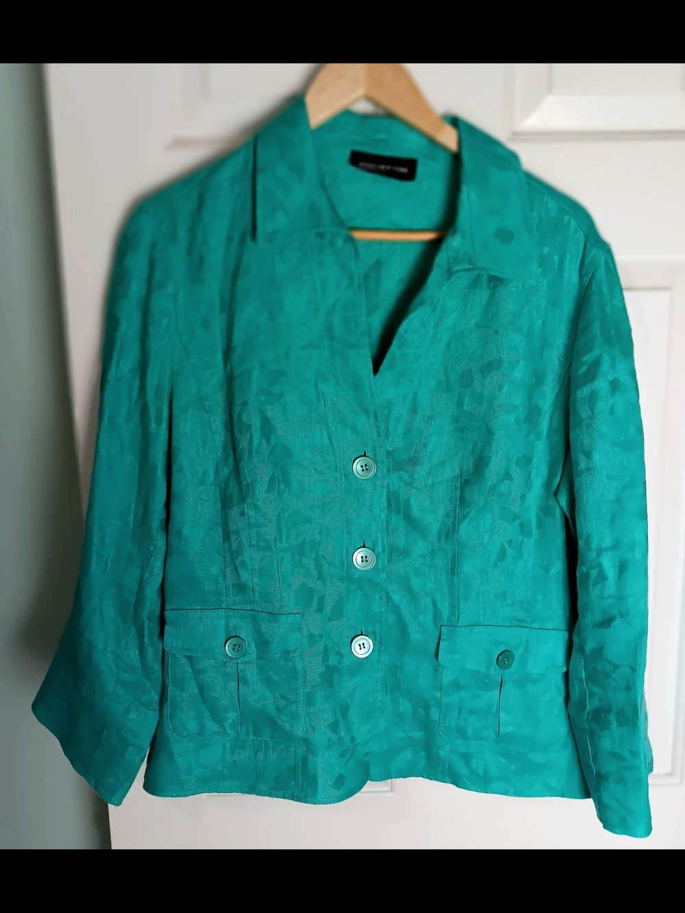 Jones New York Size 16 Blue Green 100% Linen Button-Front Blazer Floral Print